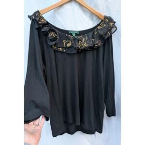 Lauren Ralph Lauren Womens Black Gold Ruffled Collar Blouse Top Sz 2X 3/4 Sleeve